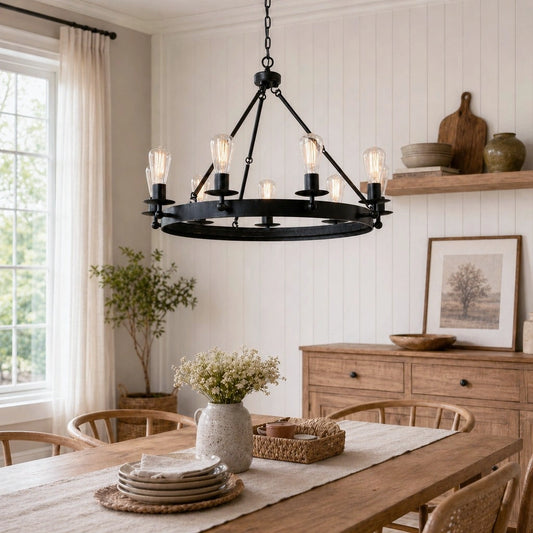 Lauren Industrial Black Metal Round Chandelier