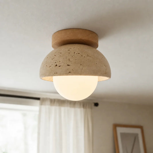Leah Retro Mid-Century Travertine Cream Round Flush Mount Ceiling Light