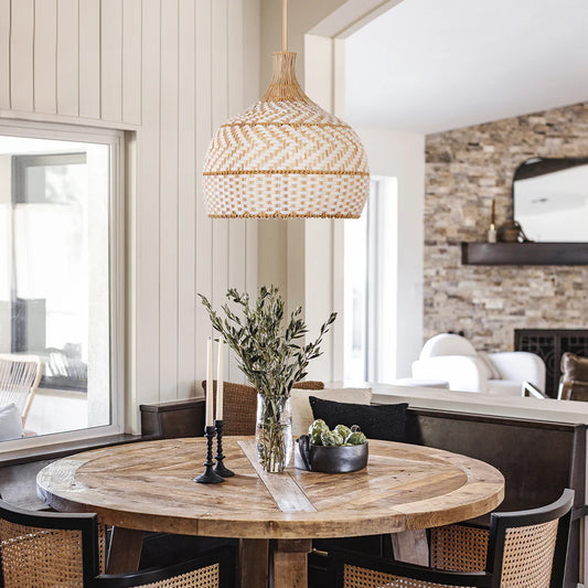 3 Light Rustic Rattan Two Tone Color Dome Pendant Light