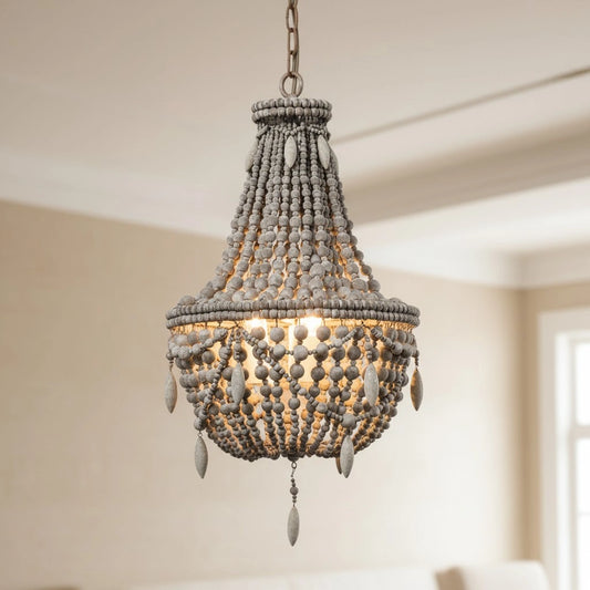 French Country Wood Bead Chandelier: 3/5 Lights Princess Decorative Hanging Fixture