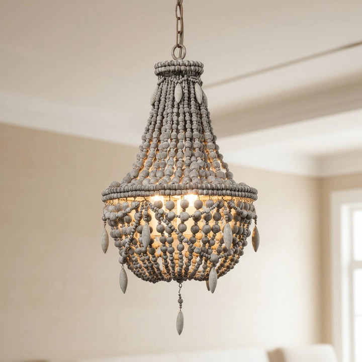 French Country Wood Bead Chandelier: 3/5 Lights Princess Decorative Hanging Fixture