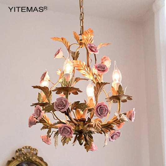 Pink Ceramic Flower Chandelier: Luxury Gold Princess Chandelier for Girls' Room