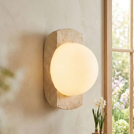 Robin Minimalist Travertine & Opaline Glass Globe Wall Sconce