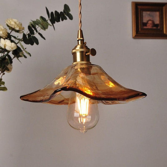 Tea Coloured Glass Pendant LED Light with Handkerchief Lampshade in Vintage Style