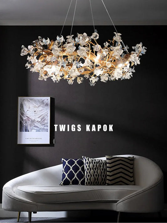 Glass Crystal LED Branches Chandelier Pendant Light - Handmade Kapok Flower Decoration