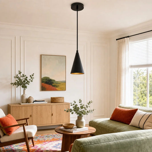 Murphy Minimalist Long Stem Conical Black Metal Pendant Light