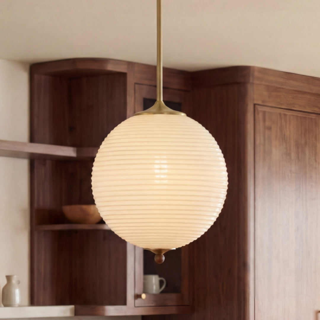 Bella Retro White Globe Ribbed Glass Pendant Light | Mergelighting ...
