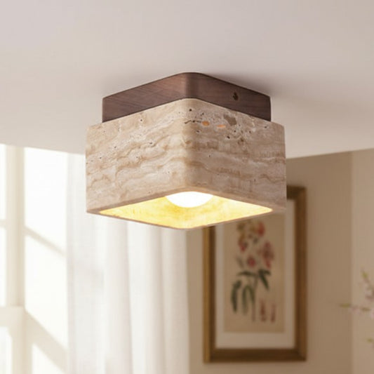 Hadrian Modern Square Travertine Wood and Stone Semi-Flush Mount Ceiling Light