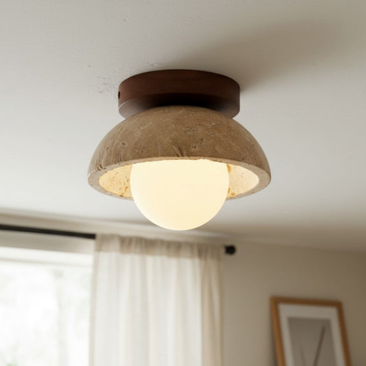 Leah Retro Mid-Century Travertine Cream Round Flush Mount Ceiling Light