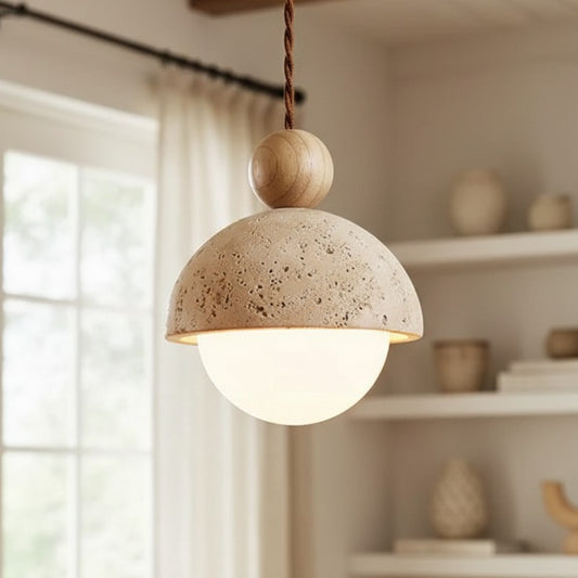 Coras Vintage Wabi-Sabi Style Travertine Dome Pendant Light
