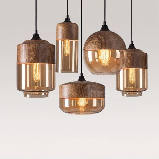 Nordic Woody Metal Pendant LED Light with Tea Colored Glass Shade