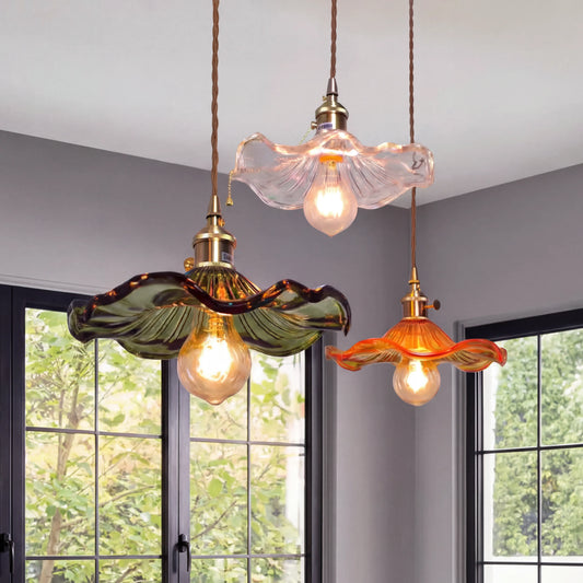 Glass Hibiscus Flower Pendant LED Light in Vintage Style