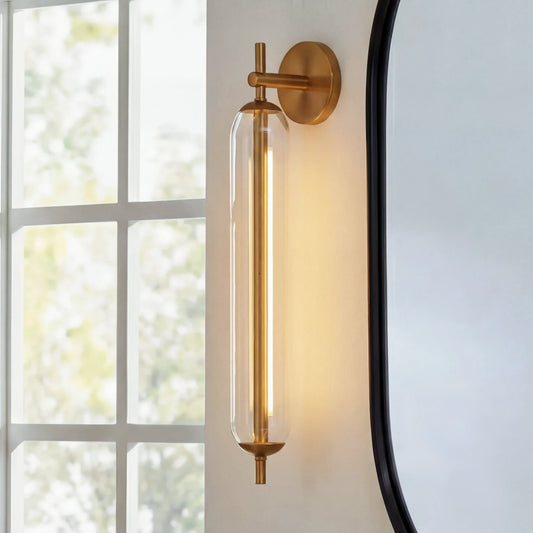 Modern Tube Clear Glass Brass Bathroom Vanity Wall Sconce