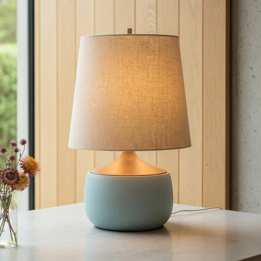 Mid-Century Natural Linen Solid Wood Ceramic Table Lamp For Bedroom