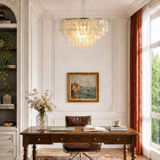 Aeren Modern Round Capiz Shell Tiered Chandelier