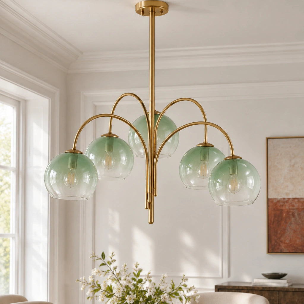 Alistair Modern Green Glass Globe Chandelier, close close 2