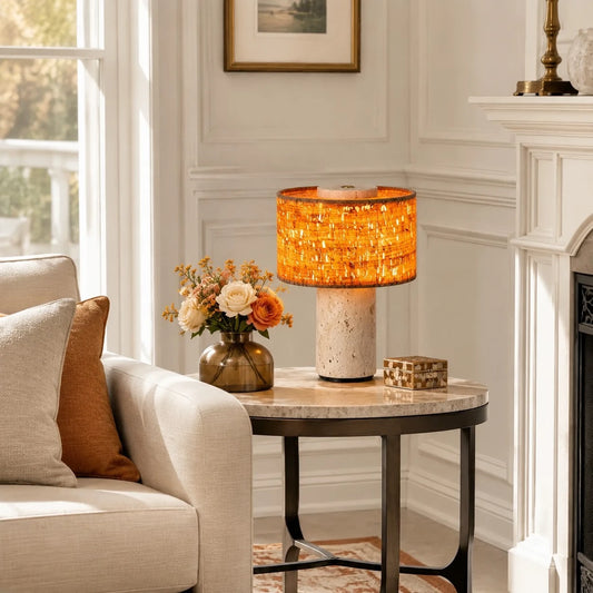 Amabel Wabi-Sabi Drum Travertine Fabric Table Lamp