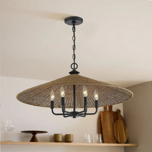 American Country Black 6 Light Rattan Cone Pendant Light