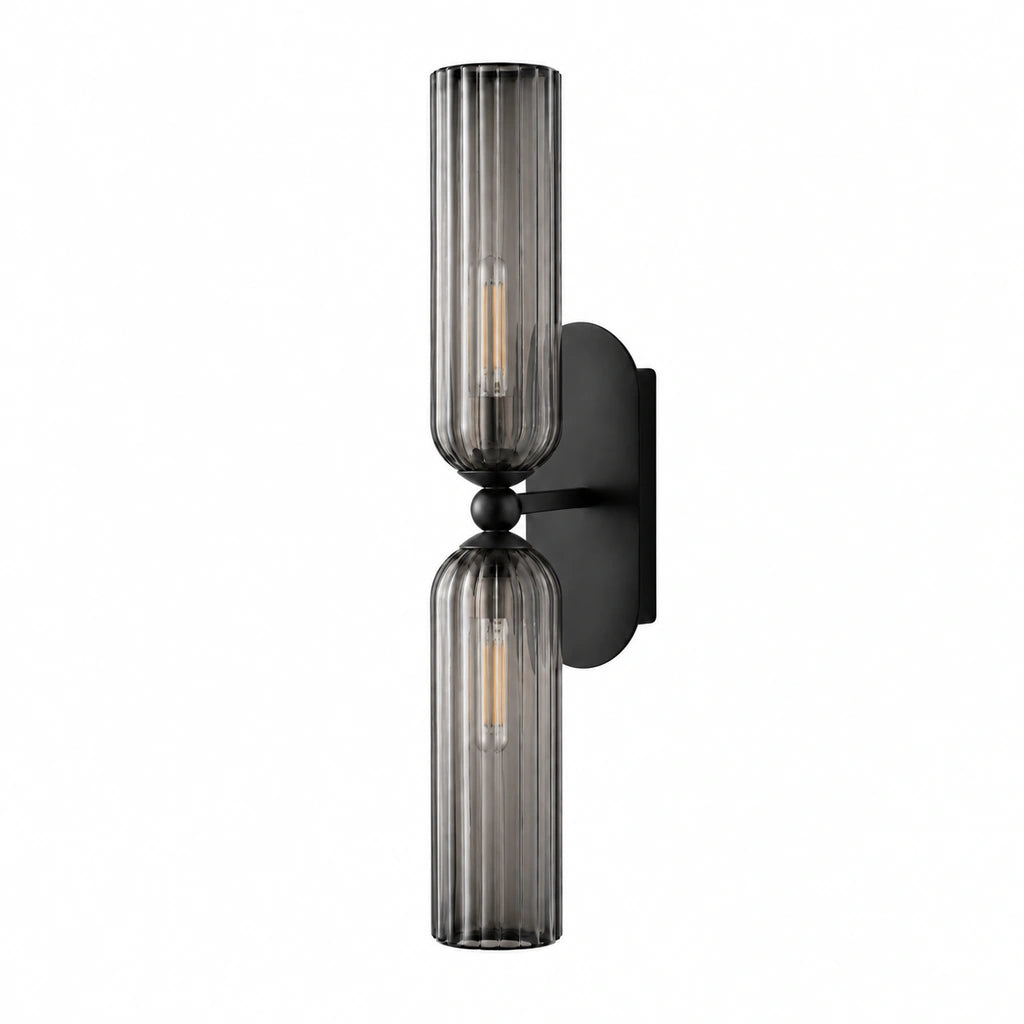 Anselm Mid-Century Ribbed Glass Double Tube Sconce, Black with smoky glass and visible unlit bulbs on a white background