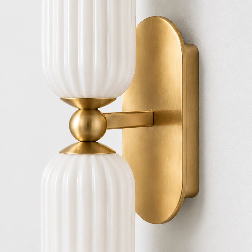 Anselm Mid-Century Ribbed Glass Double Tube Sconce, Close detail of gold-tone backplate and short mounting arm