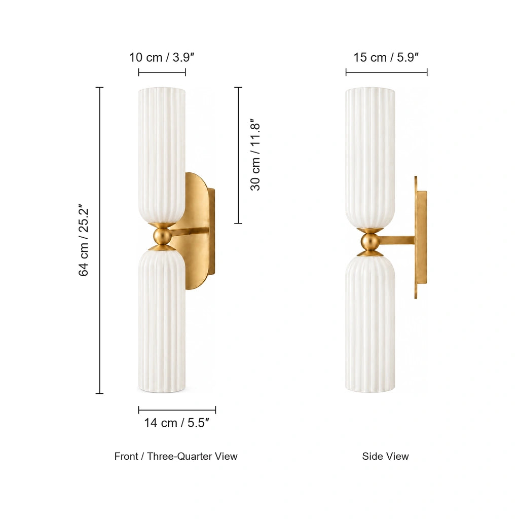 Anselm Mid-Century Ribbed Glass Double Tube Sconce, dimension diagram: total height 64 cm, width 14 cm, projection 15 cm, shade diameter 10 cm and shade height 30 cm, with inch conversions