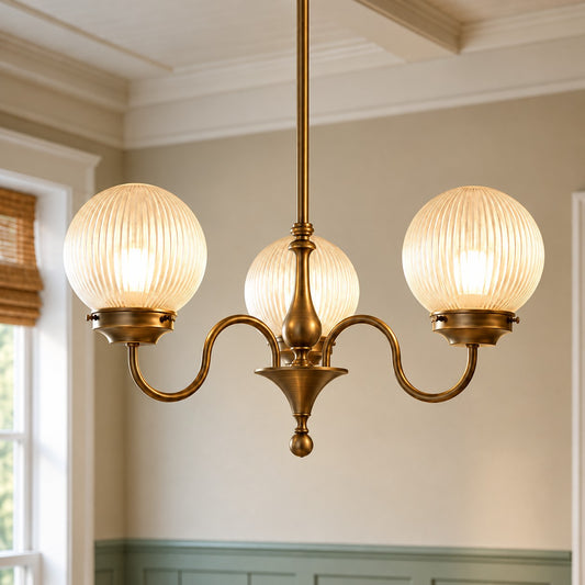 Antique Brass Globe Ribbed Glass Chandelier