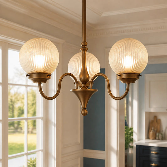 Antique Brass Globe Ribbed Glass Chandelier