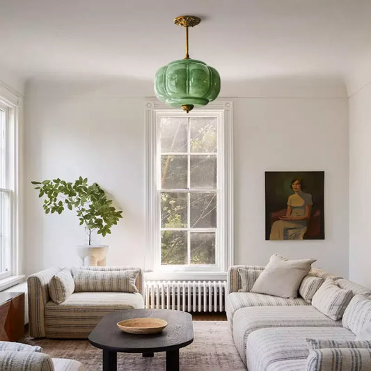 Lumi Antique Brass Green Glass Pumpkin Semi-Flush Mount Eloise Pendant