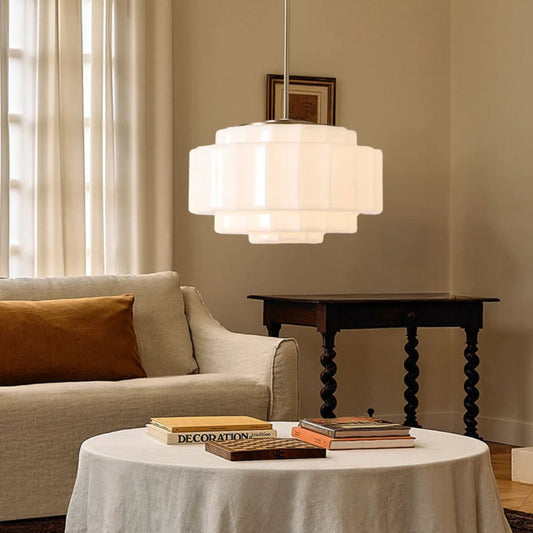 Vintage Brass Layered Milk Glass Pendant Light for Kitchen island