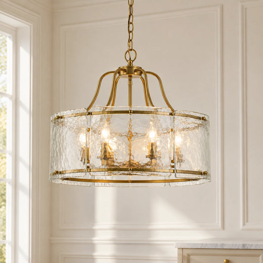 Chandelierias Glam Brass 6-Light Rippled Glass Drum Pendant