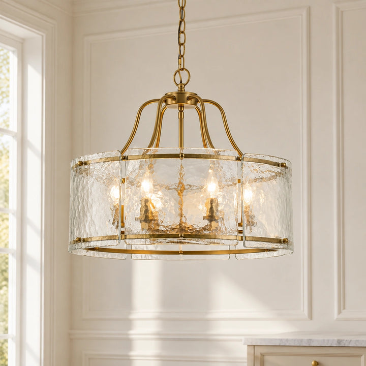 Chandelierias Glam Brass 6-Light Rippled Glass Drum Pendant