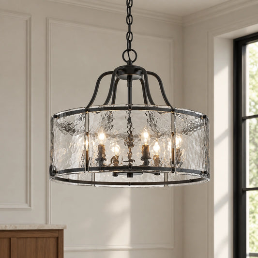Graham Glam Brass 6-Light Rippled Glass Drum Pendant