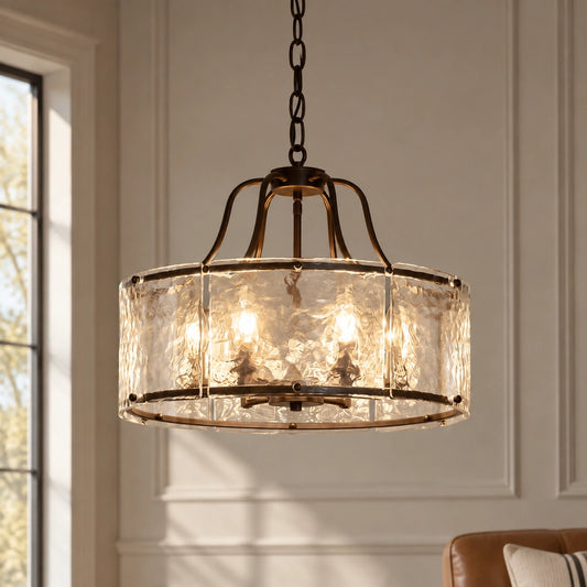 Chandelierias Glam Brass 6-Light Rippled Glass Drum Pendant