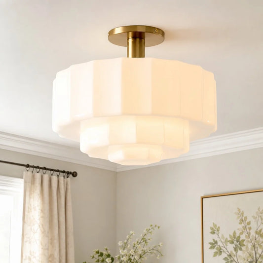 Belford Modern Tiered Textured Milk Glass Flush Mount