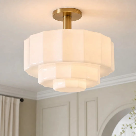Belford Modern Tiered Textured Milk Glass Flush Mount