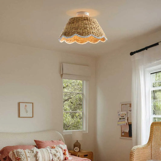Bohemian Style Scallop Rattan Flush Mount Ceiling Light