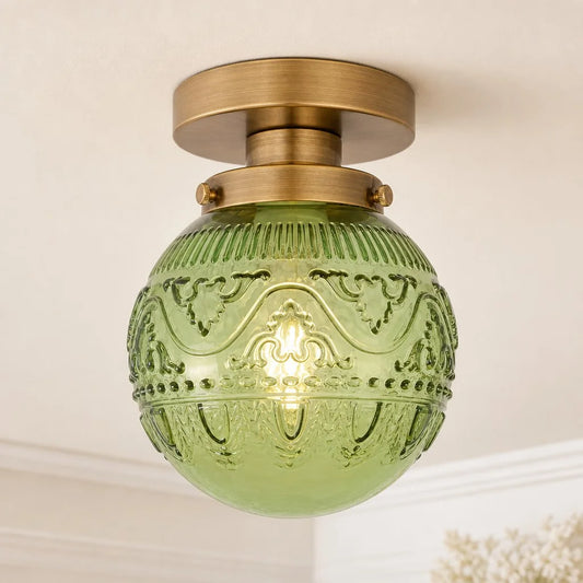 Borts Vintage Engraved Pattern Glass Globe Ceiling Light