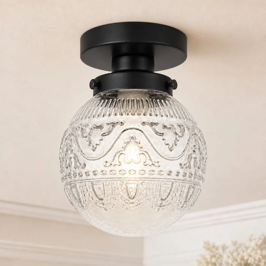 Borts Vintage Engraved Pattern Glass Globe Ceiling Light