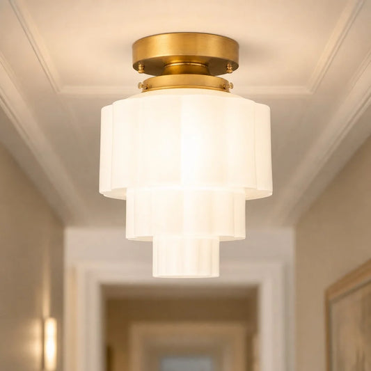 Bram Modern Art Deco Tiered Milk Glass Ceiling Light