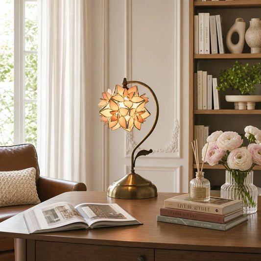 Camille Vintage Stained Glass Floral Capiz Shell Table Lamp
