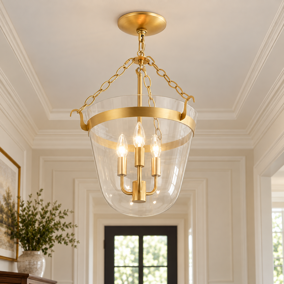 Cecily Clear Glass Bell Jar Lantern Pendant, generated brass hero