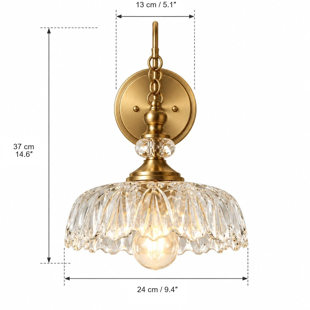 Cecily Vintage Scalloped Glass Wall Sconce, front dimensions in centimeters and inches