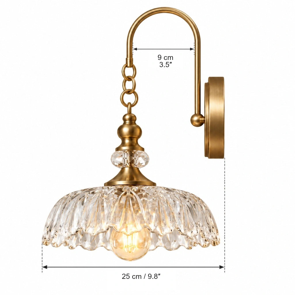 Cecily Vintage Scalloped Glass Wall Sconce, side dimensions in centimeters and inches