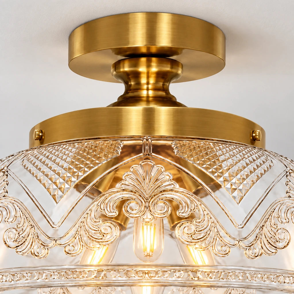 Celia 3-Light Gold Etched Glass Semi-Flush Mount Ceiling Light, gold finish detail