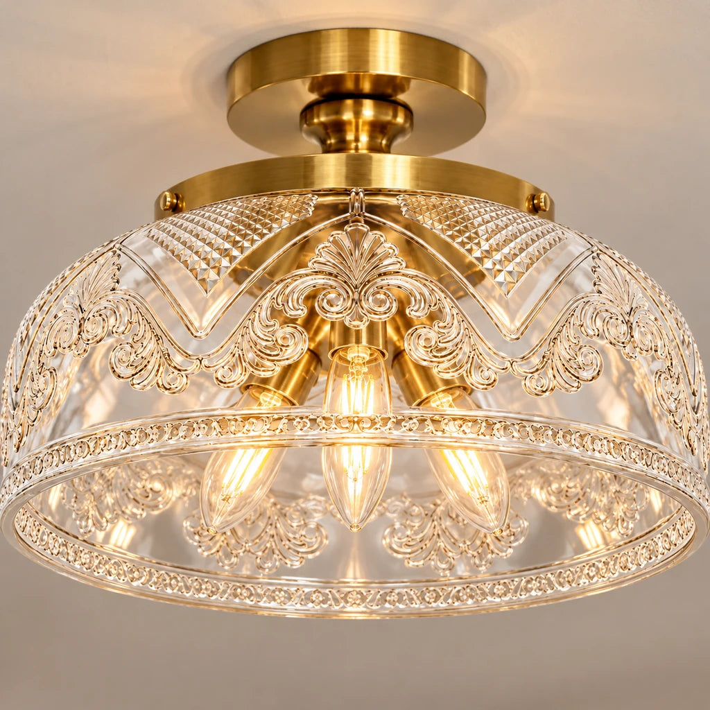 Celia 3-Light Gold Etched Glass Semi-Flush Mount Ceiling Light, rim detail