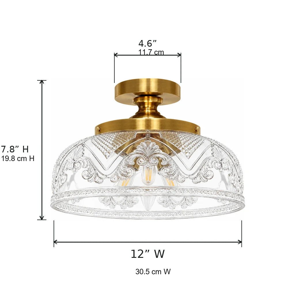 Celia 3-Light Gold Etched Glass Semi-Flush Mount Ceiling Light, dimension diagram with inch and centimeter measurements