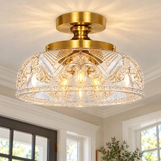 Celia 3-Light Gold Etched Glass Semi-Flush Mount Ceiling Light, close installed entry scene