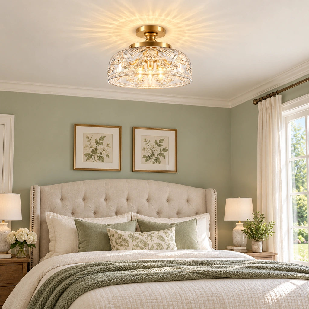 Celia 3-Light Gold Etched Glass Semi-Flush Mount Ceiling Light, close installed bedroom scene