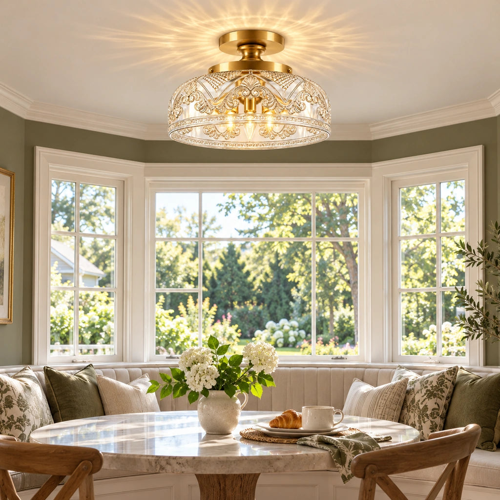 Celia 3-Light Gold Etched Glass Semi-Flush Mount Ceiling Light, close installed breakfast scene