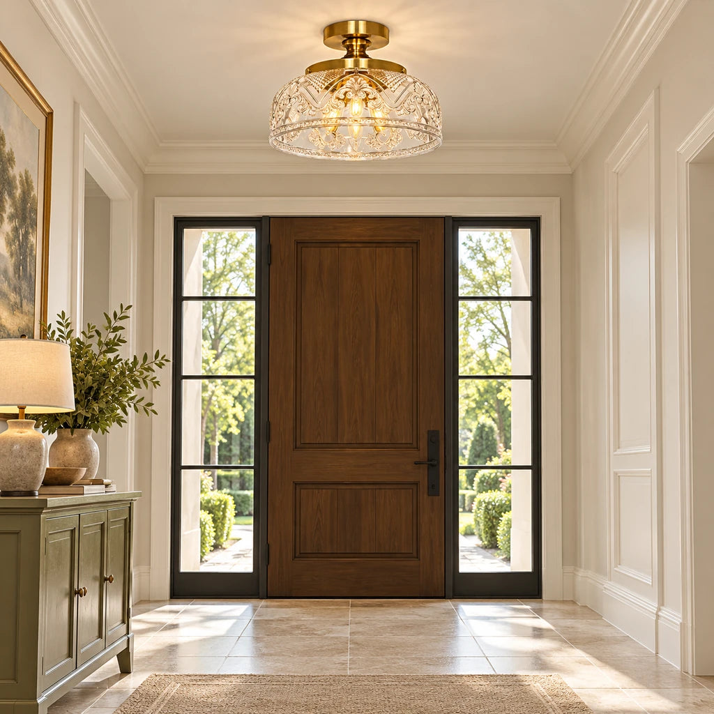 Celia 3-Light Gold Etched Glass Semi-Flush Mount Ceiling Light, medium installed foyer scene
